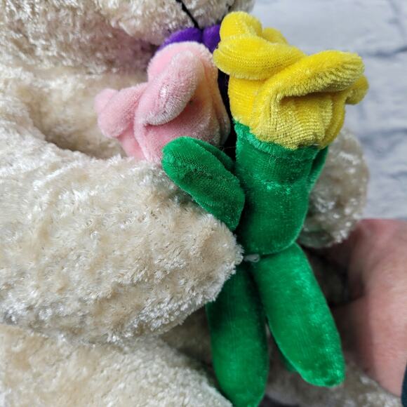 Sweet Silky Soft Plush Teddy Bear Holds Bouquet of Flowers - Picture 7 of 13